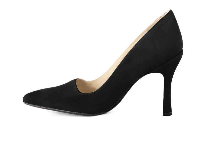 Matt black women's dress pumps,with a square neckline. Tapered toe. Very high spool heels. Profile view - Florence KOOIJMAN